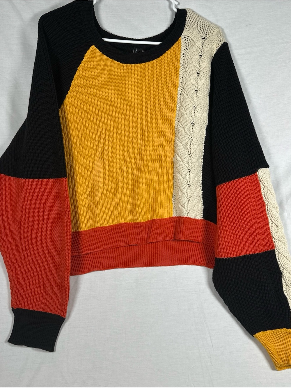 moon & madison Colorblock Cable-Trim Sweater in Mustard, Black, Rust & Cream